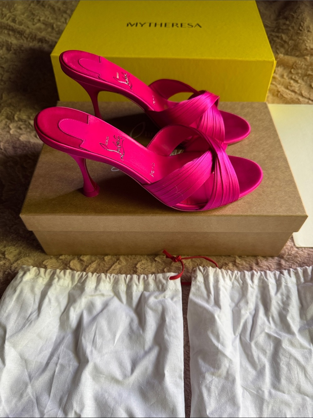 Christian Louboutin Hot Pink Satin Cross-Strap Slide Mules